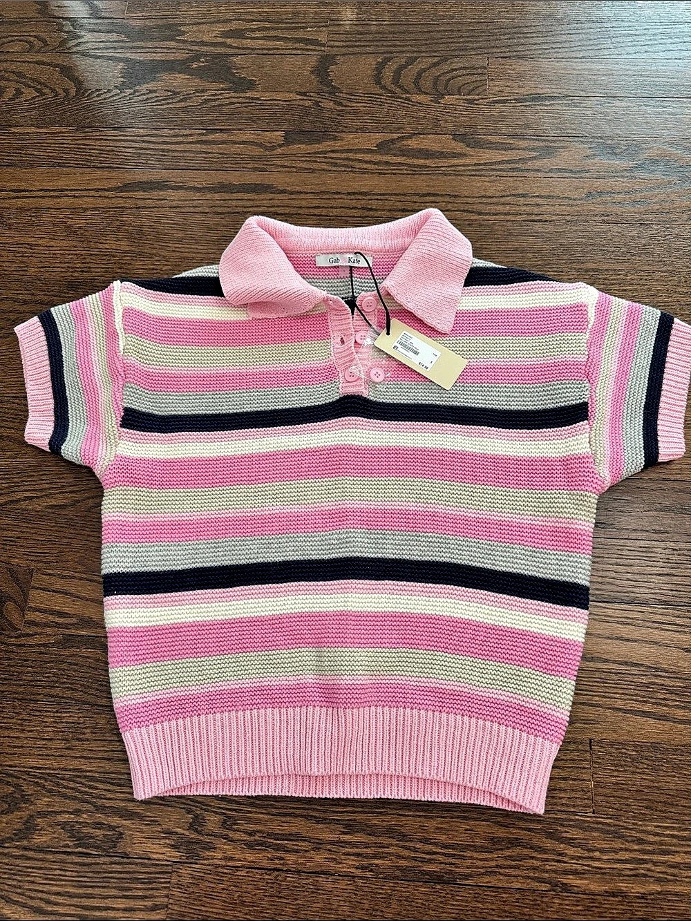 Gab & Kate Striped Polo Top in Pink & Black Size Medium NWT